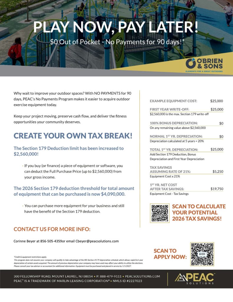 PEAC Pay Later flyer.jpg PEAC playground and outdoor recreation equipment financing options from M.E. O'Brien & Sons